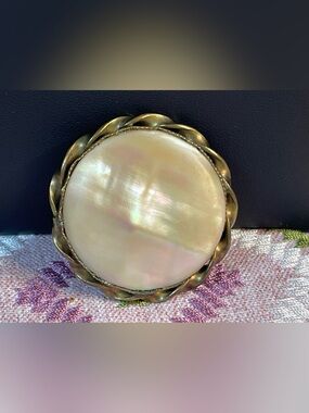 Antique Mother of Pearl Brass Scroll Framed Brooch